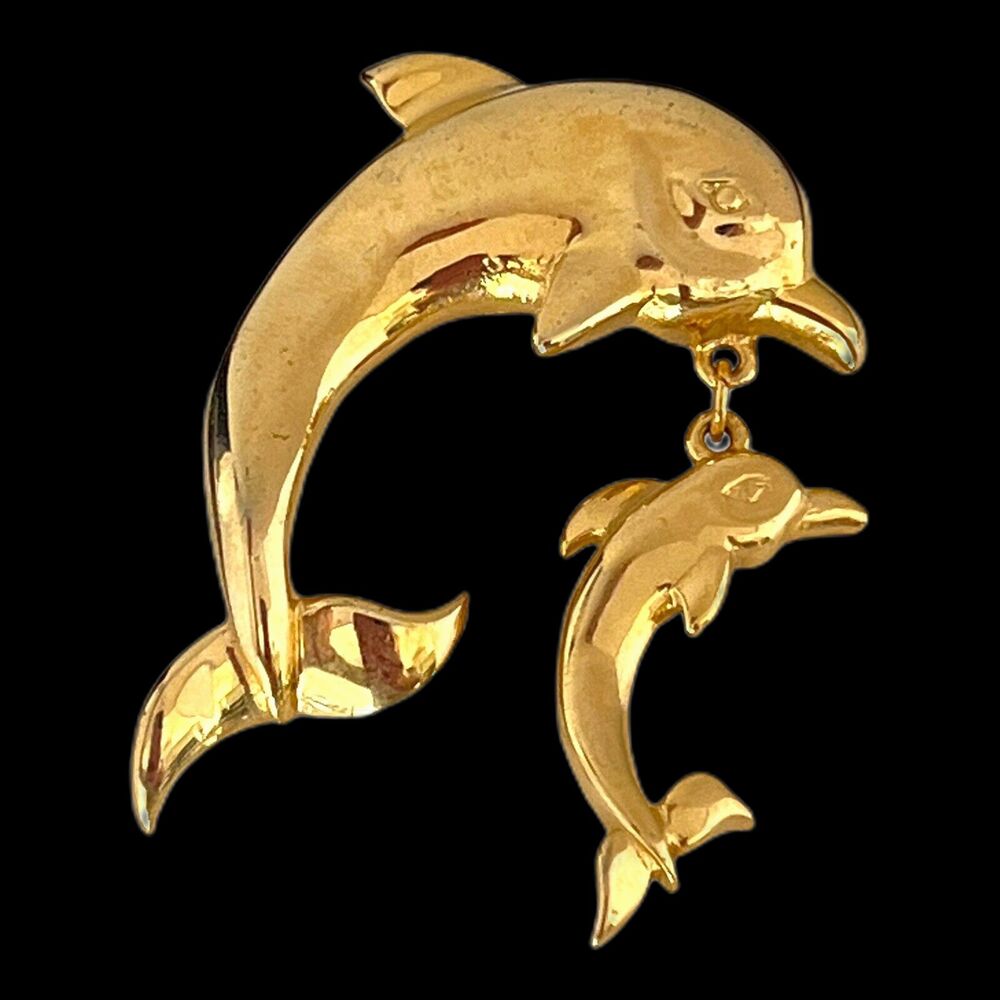 Vintage 1980s Dolphin Brooch Mother Baby Gold Tone - 4C